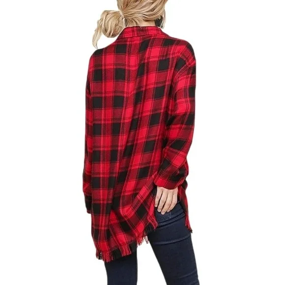 Umgee red plaid fringed button down tunic dress shirt size medium - Picture 2 of 8